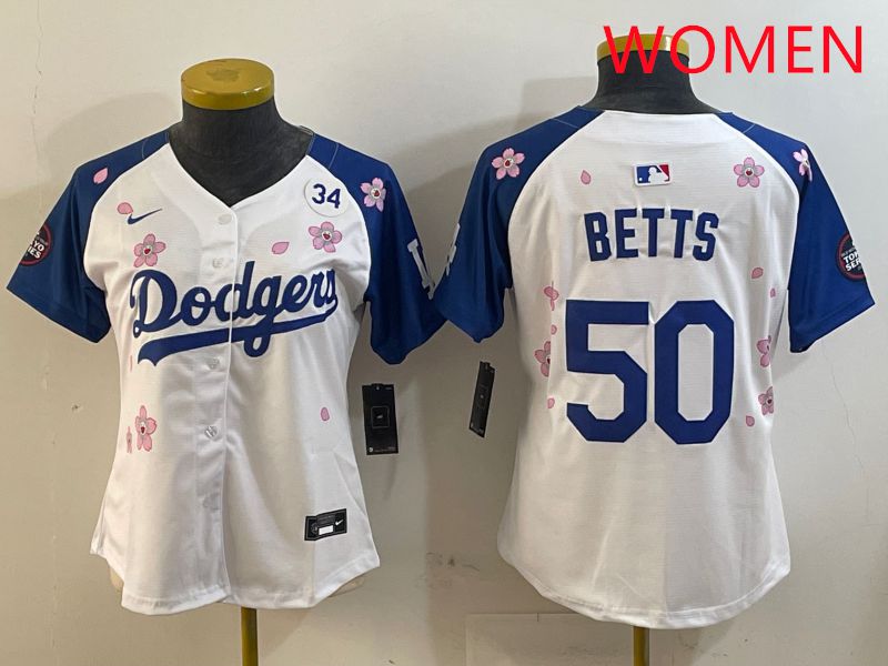 Women Los Angeles Dodgers 50 Betts White Blue Sakura Edition 2025 Nike MLB Jersey style 4